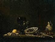 Jan van de Velde Still life with wineglass, flute glass, earthenware jug and pipes oil painting